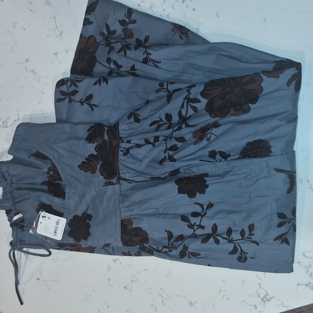 NWT Free People Dusty Blue Midi Dress with Brown Floral Pattern
